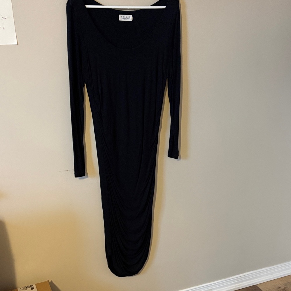 Velvet Elegant Black Long Sleeve Dress Ruched